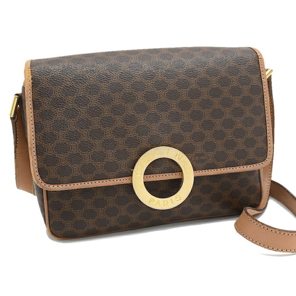 Celine Macadam Leather Circle Logo Crossbody Shoulder Bag Brown - Picture 1 of 9